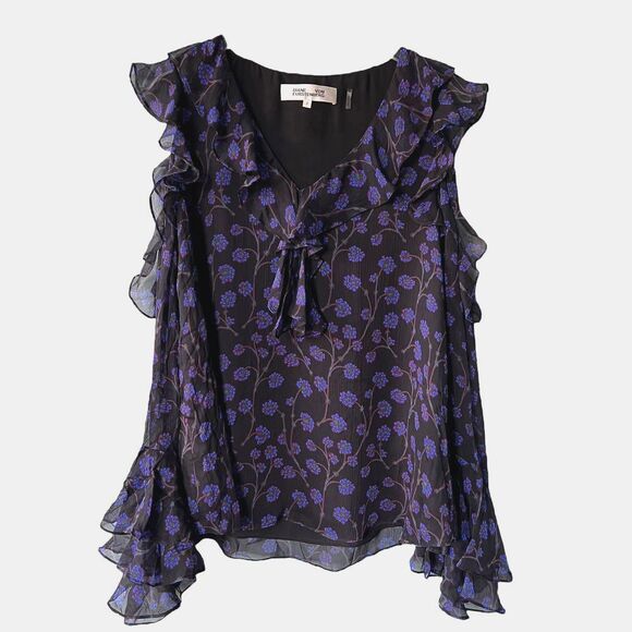 Diane Von Furstenberg 100% Silk Cold Shoulder Long Sleeve Ruffle Blouse 8 - Picture 2 of 6